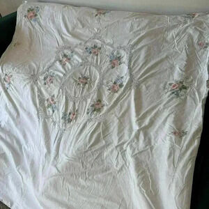 Vintage White Duvet Cover with Pink and Green Floral Embroidery